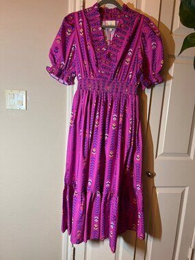 NWT Women's Umgee Purple/Pink with Flowers Midi Dress Smocked Puff Sleeve Medium